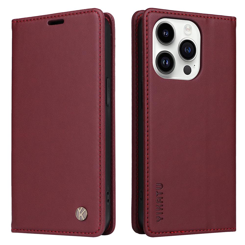 

YIKATU YK-001 For iPhone 15 Pro PU Leather Wallet Phone Cover Magnetic Closing Flip Stand Case Wine Red