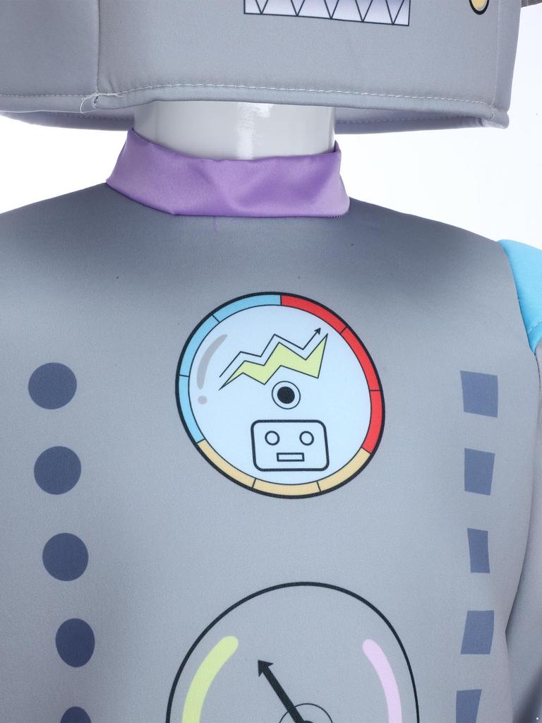 Unisex Kinder Roboter Kostüm Langarm Bunt Bedrucktes Oberteil Elastischer Bund Hose Niedliche Roboter Kopfbedeckung Cosplay Halloween Set