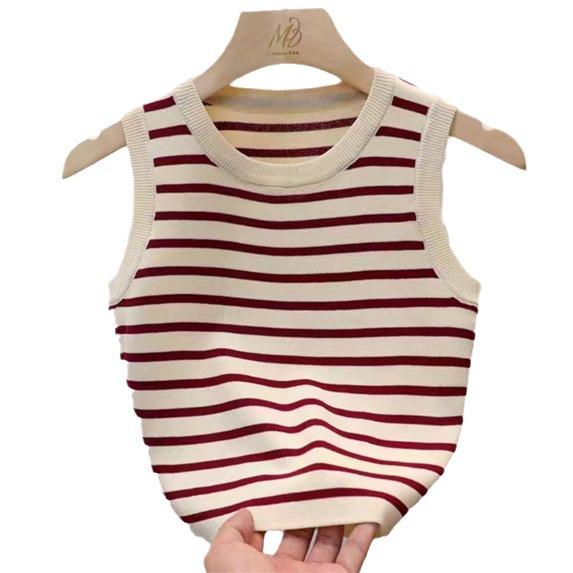 Women's Striped Sleeveless Camisole - Summer Knit Ice Silk Top