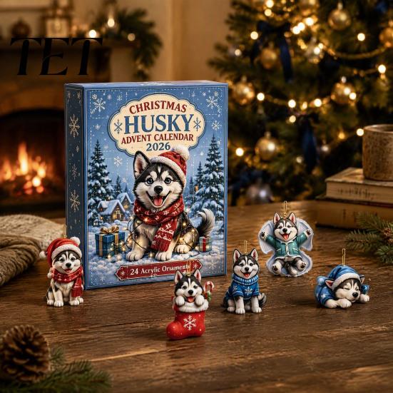 Acrylic Pendant Box Husky Christmas Advent Calendar 2026 with 24 Unique Pendants for Tree Decorations, Party Favor Cute Dog Themed Holiday Countdown