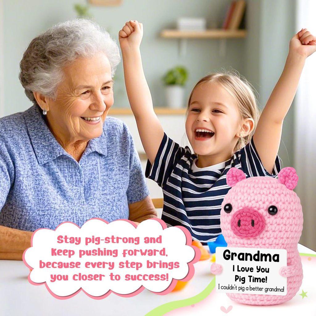 Pink Cute Pig Positive Crochet Animals Doll With Card Desktop Ornament Emotional Support Handmade Knitted Cheer Up Toy