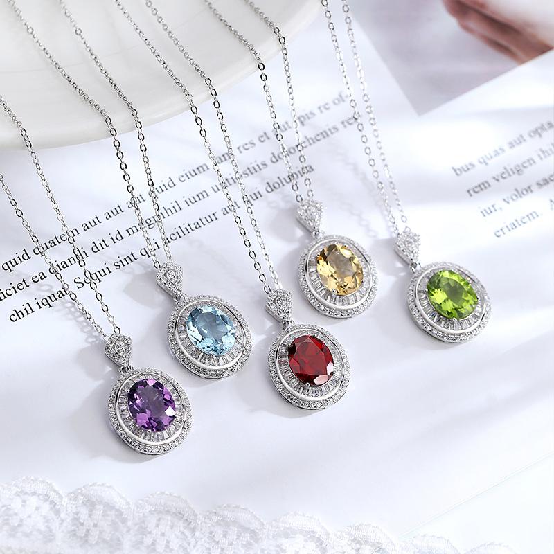 New Sterling Silver Oval Necklace Natural Crystal Stone Pendant Necklace Women's Niche Premium Light Luxury Versatile Clavicle Chain Daily Gifts