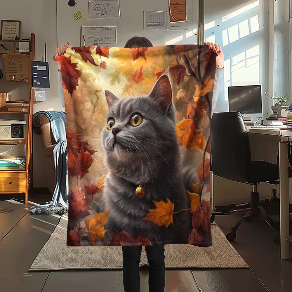Maple Leaf Cat  Print Flannel Blanket, High quality Comfortable for All Seasons, Home Decor, Warmth and Comfort