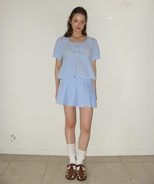 RONRON Ribbon Tie Pleated Peplum Blouse Soft Blue
