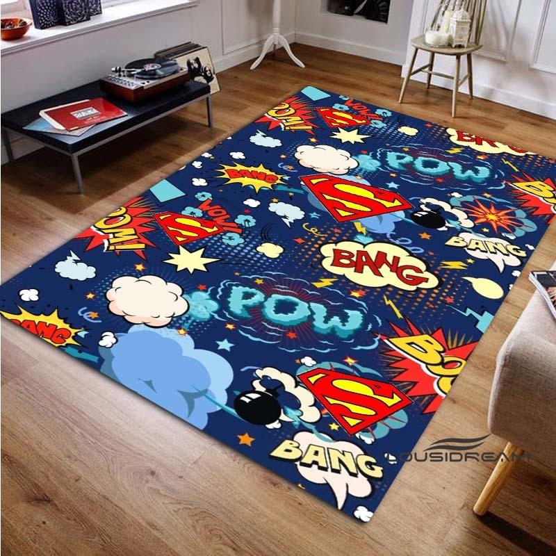 "Superman" rugs in a variety of styles and sizes—perfect for use as bedroom play mats, living room rugs, and home decor.