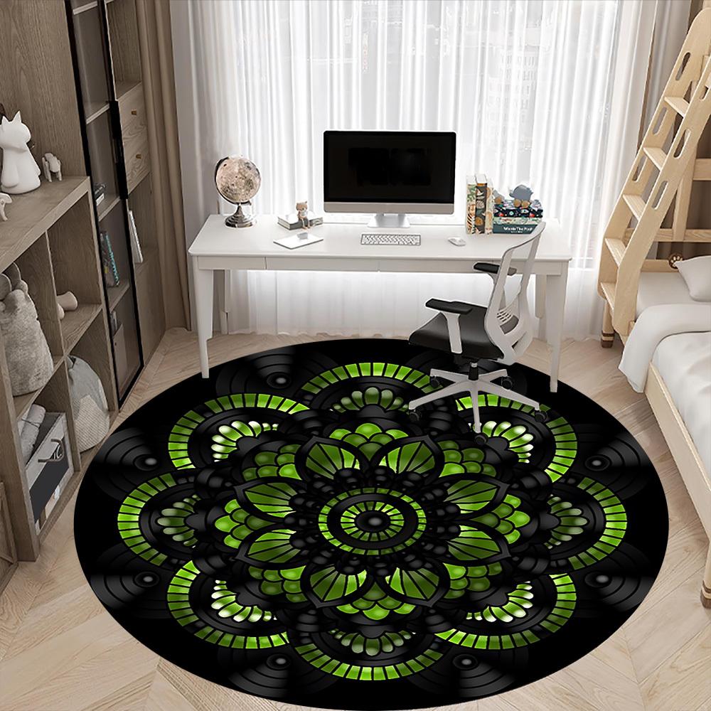 1PC Black Green Mandala Pattern Chair Carpet for Office, Indoor Non-Slip Washable Carpet, Soft Comfortable Mat For Office Room Yy250930254