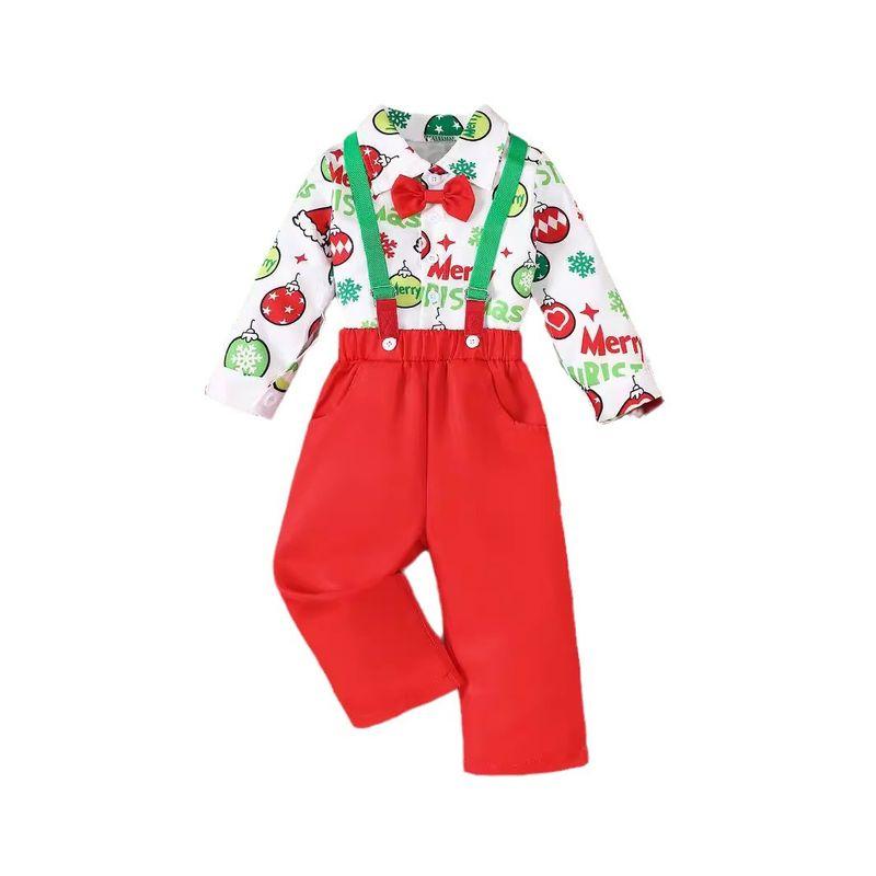 

Christmas Children s Clothing 2024 Autumn New Arrival Boys Christmas Gentleman Suit Long Sleeves Print Shirt Suspenders Suit Red 12-18m