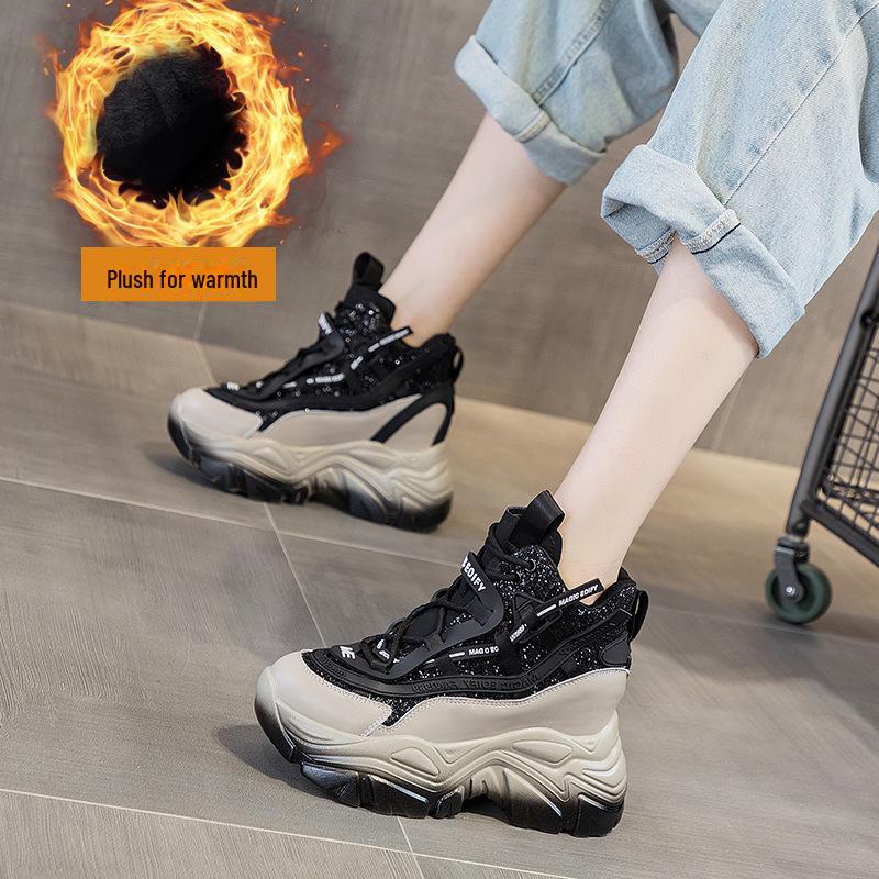 

Женские туфли для пап с пайетками, увеличивающие рост, осень 2024 г.: Стильная и универсальная повседневная обувь на толстой подошве M2269-1 black plus velvet. 39 чёрный