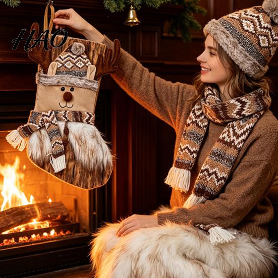 Christmas Scene Setup Decor Large Stockings, Santa Snowman Elk Design Plush Hanging Bag, Xmas Tree Pouches Rustic Plaid Socks for Fireplace