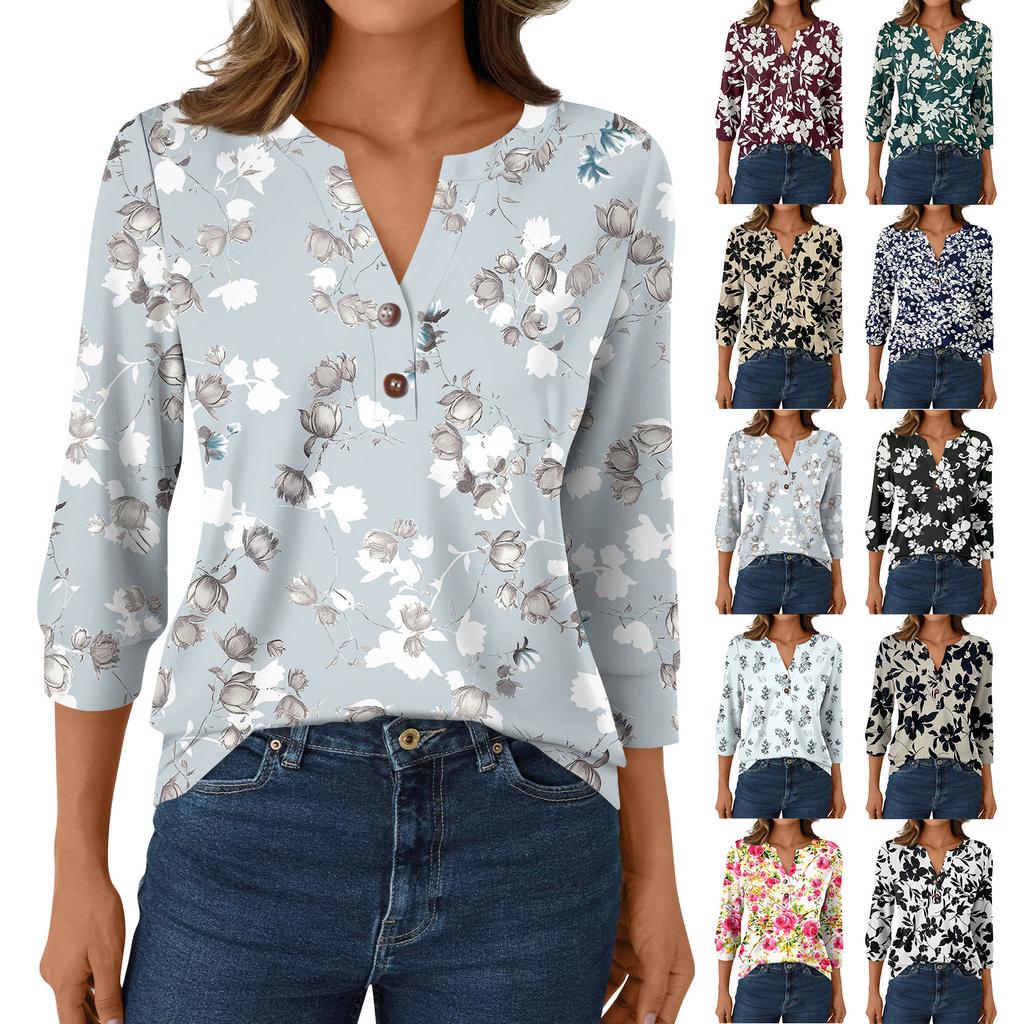 Mote dame avslappet 3/4 ermet T-skjorte trykk V-hals knappetopp