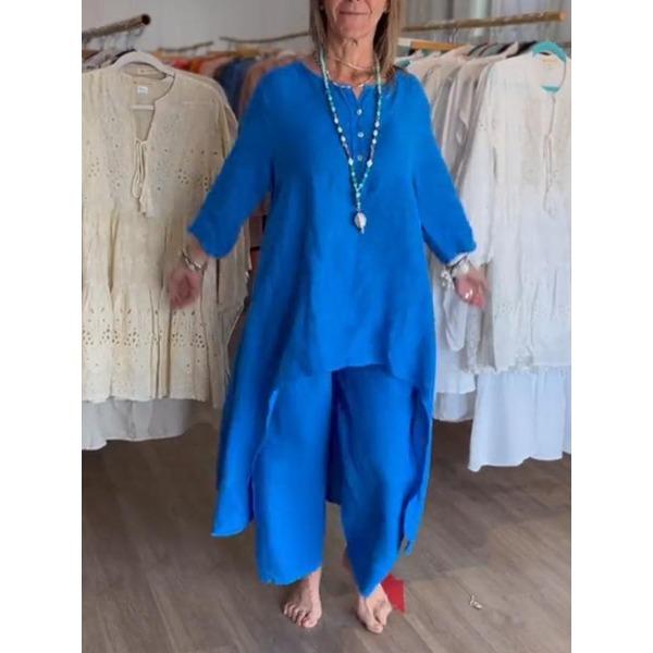 Summer Solid-colour Sophisticated-style Casual Cotton-linen Set for Women with Three-quarter Sleeves and Cropped Trousers