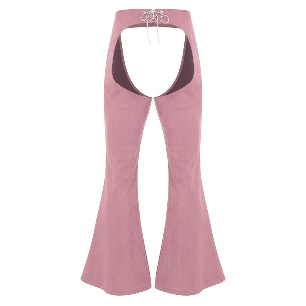 Mens Vintage Faux Suede Pants Adjustable Waist Hollow Out Design Cowboy Biker Style Wide Leg Riding Trousers