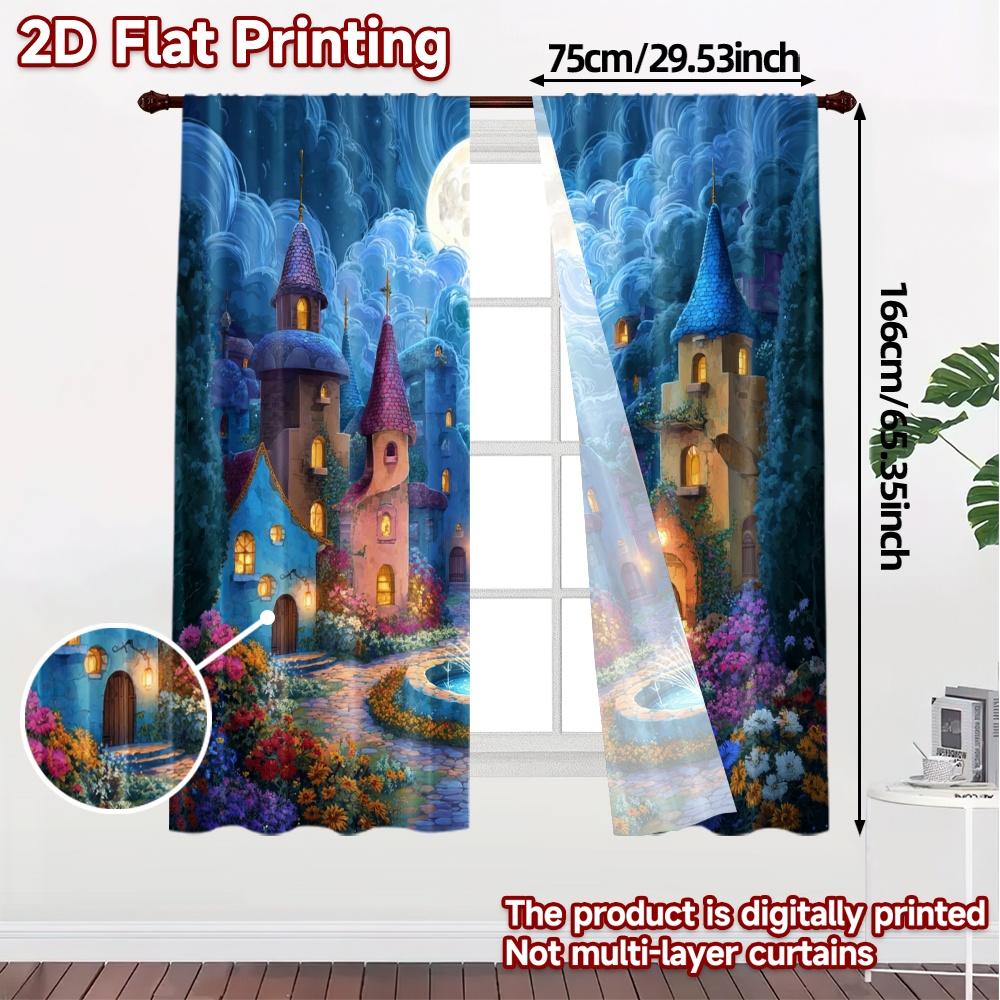 Flat Printing Curtains Without Rod Moonlit Village Fashionable Popular Polyester Decorations Curtain Set Of 2 Made Washable