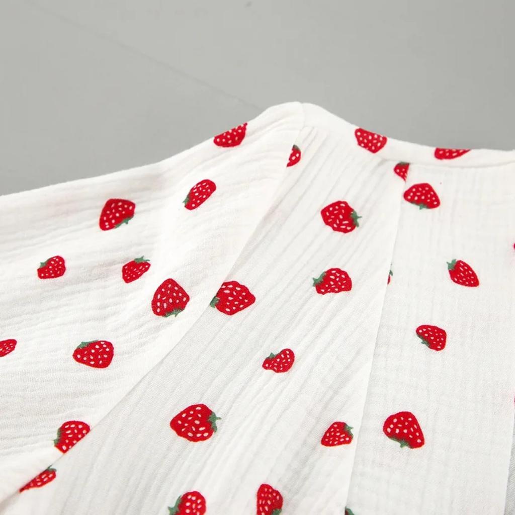 LYRIA New Strawberry Print V Neck Lantern Sleeve Dress Fashion Dress Women