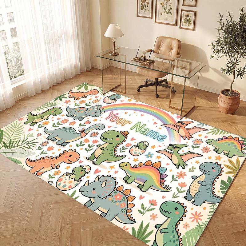 Dinosaur Theme Soft Crystal Velvet Rug Custom Name & Text Print Non Slip Floor Rug for Bedroom Living Room