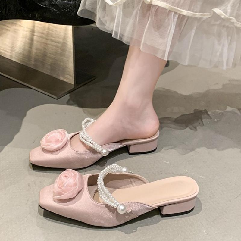 Fashion Elegant Mid Heels Women Slippers Flower Bead Heeled Shoes 2025 Fashion New Sandals Pumps Summer Trend Square Toe Shallow Slides