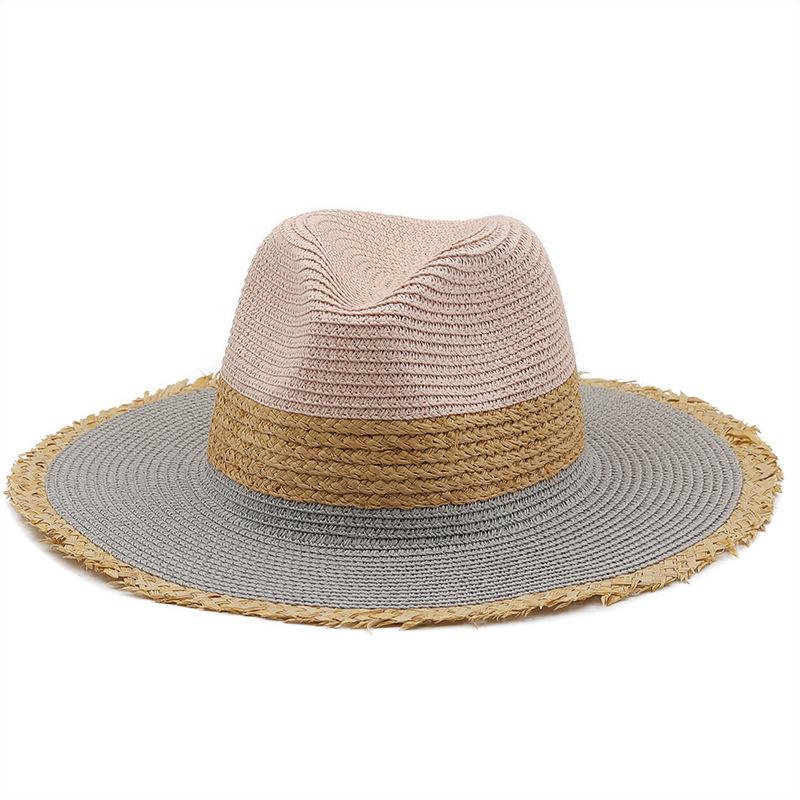 Hat Women's Summer Vintage Color Matching Straw Hat Rough Edge Sunscreen Sun Hat Women's Wide Flat-brimmed Hat Jazz Top Hat