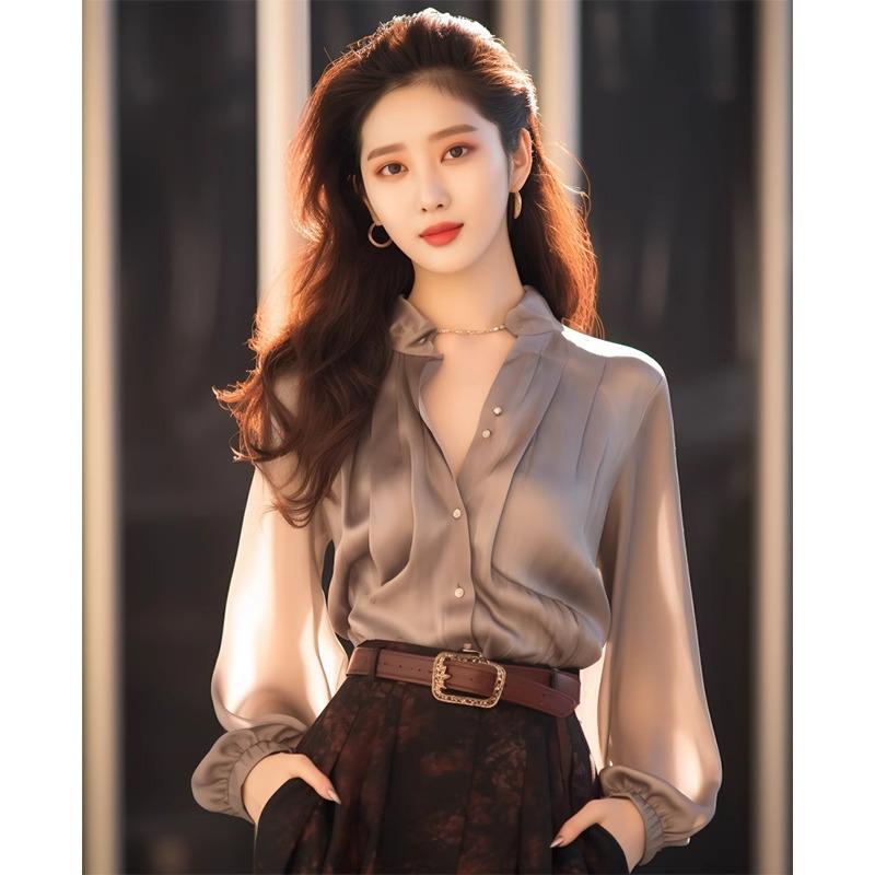 

2024 Весна Женская Шикарная Серая Французский Сатин Рубашка с Длинным Рукавом S