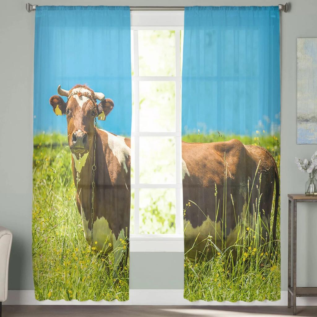 Country Animal Cows Tulle Curtain Home Office Window Decor Bedroom Kitchen Balcony Modern Sheer Curtain