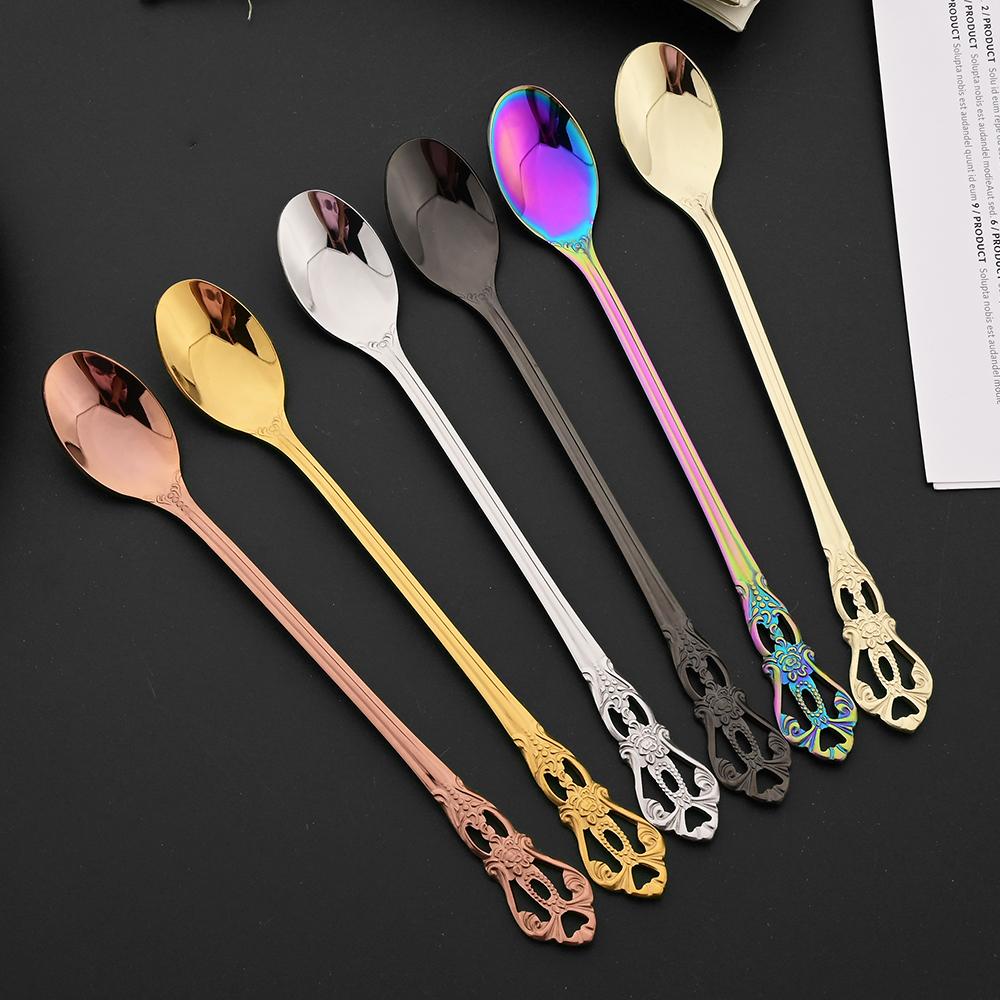 4Pcs Stainless Steel Long-Handled Ice Teaspoon Coffee Spoon Ice Cream Stirring Spoon Kitchen Accessories Tableware Set