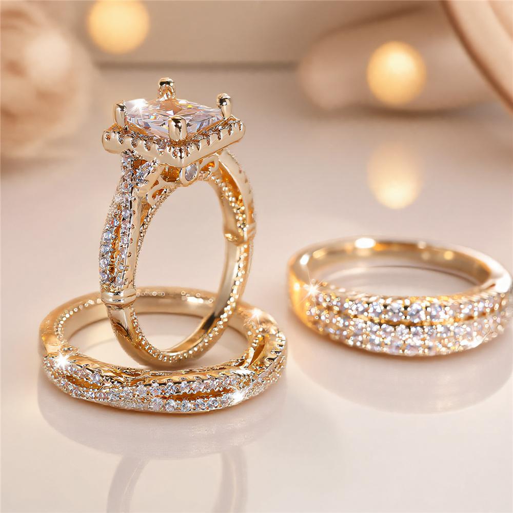 Crystal Female White Zircon Ring Set Fashion Vintage Gold Color Bridal Wedding Engagement  For Women