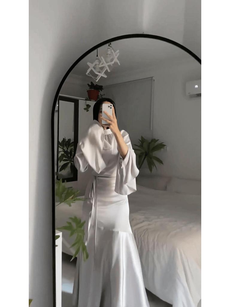 Spring 2024 Fashion: Women's Trumpet Sleeve Lace-Up Slim Dress Long Skirt