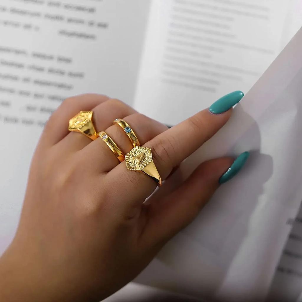 Hexagon Surface 3D Embossed A-Z Initial Letter Rings for Man Woman Adjustable Size A-Z 14k Gold Color Family Signet Jewelry