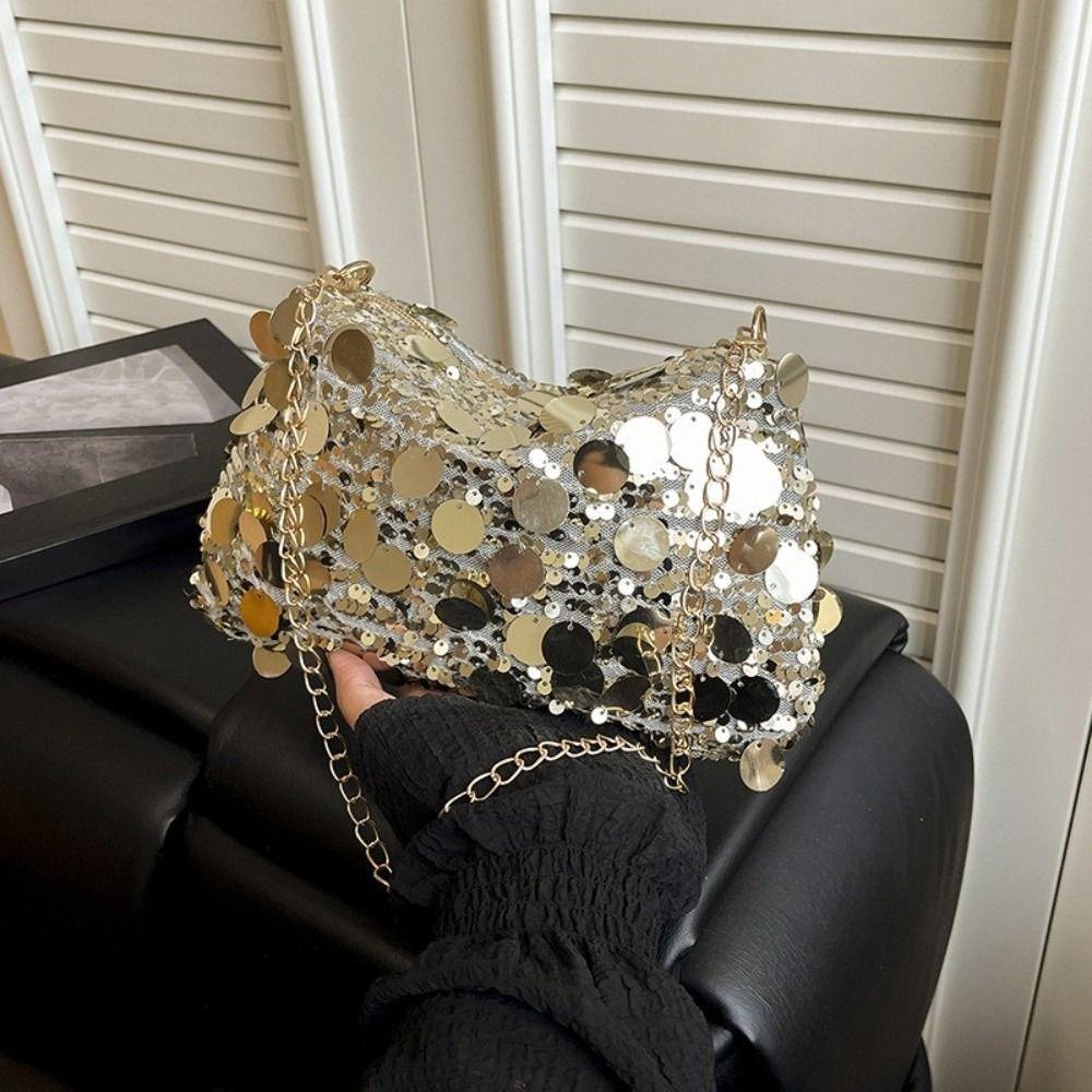 Elegant Chain Tote Bag Blingbling Female Handbag Simple Sequin Shoulder Bag  Lady Girl