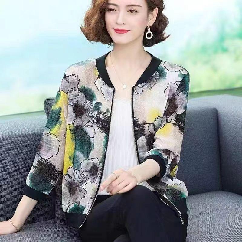 Elegant Slimming Printed Chiffon Baseball Jacket – Plus Size, Casual Spring/Summer Top