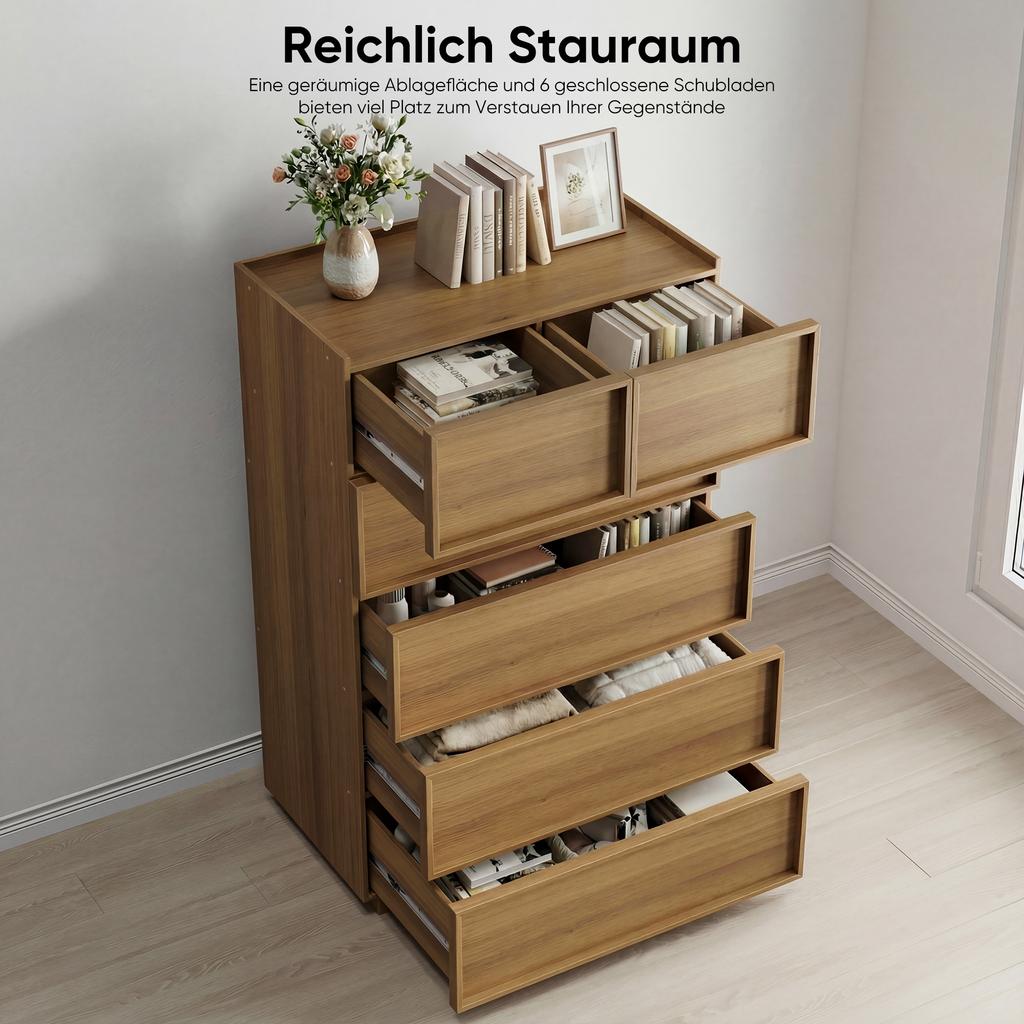 Sechs Schubladenkommode, Moderner Kleiderschrank/Schrank, Schminktisch, Geeignet für Wohnzimmer, Schlafzimmer, Flur, 80 x 48 x 127 cm, Eichenfarbe