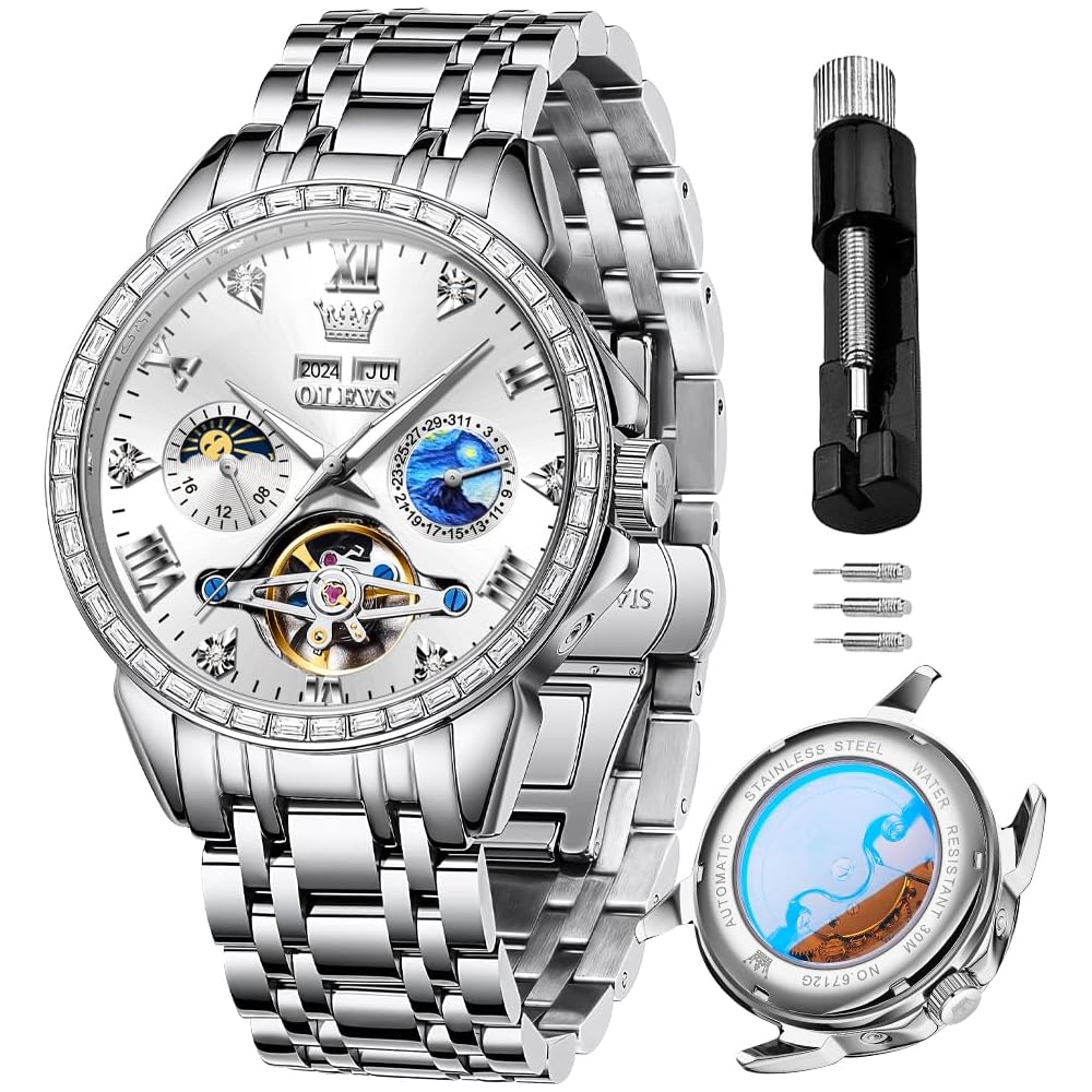 OLEVS Men s Automatic Skeleton Watch Diamond Calendar Waterproof Stainless Steel White