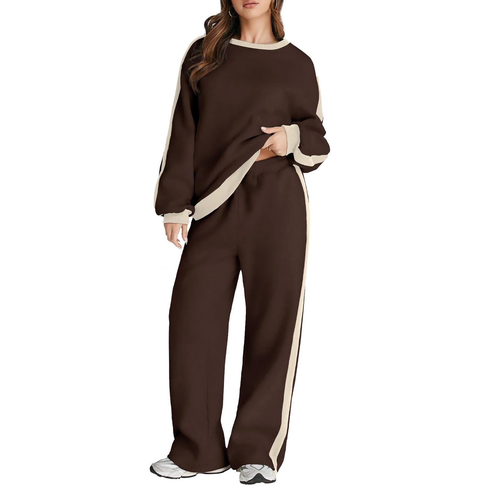 

Женский модный однотонный топ с длинными рукавами и круглым вырезом, повседневный комплект из двух предметов XXL коричневый
