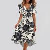 Robe Imprimée Décontractée Ample à Col en V et Manches Courtes avec Jupe Évasée pour Femme