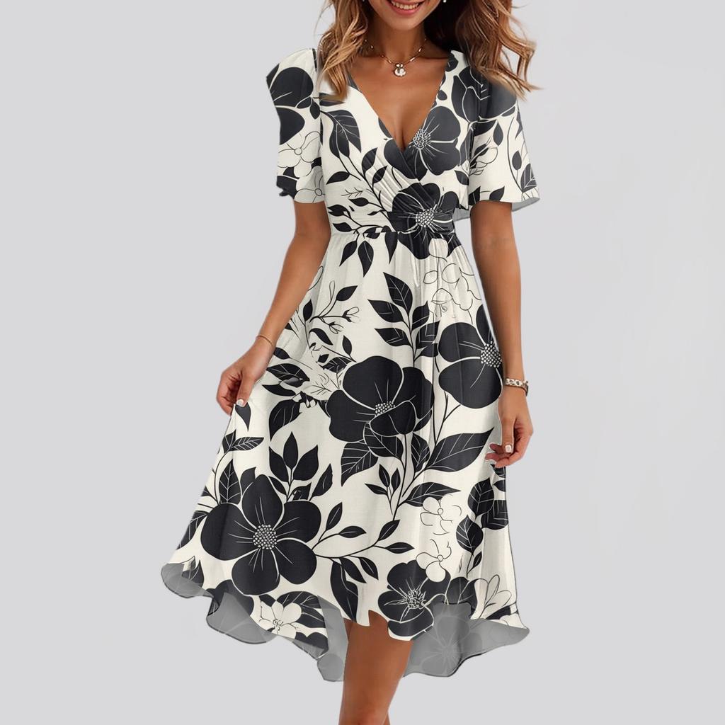 Robe Imprimée Décontractée Ample à Col en V et Manches Courtes avec Jupe Évasée pour Femme