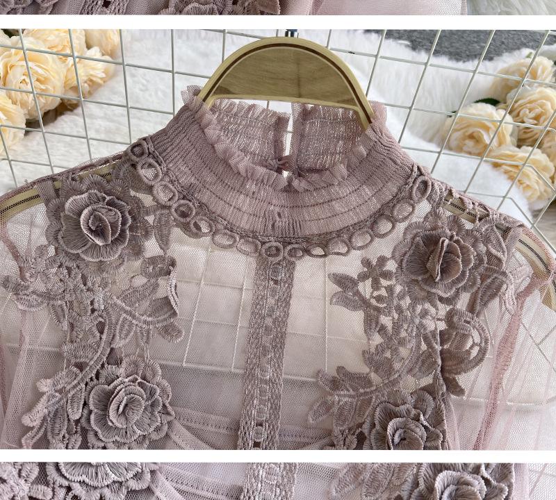 Three-Dimensional Floral Mesh Two-Piece Dress with Stand-Up Collar and Lantern Sleeves