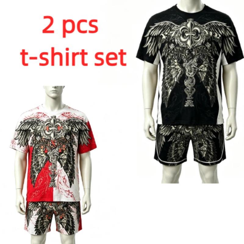 Fashion Summer Casual Retro Angel Wing Printed Round Neck Short Sleeved T-Shirt And Shorts Set Men's and Women's T-shirt Shorts Set