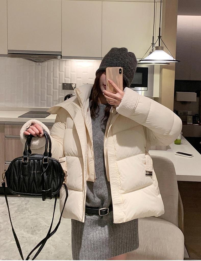 Short Lamb Wool Lapel Padded Jacket with Belt