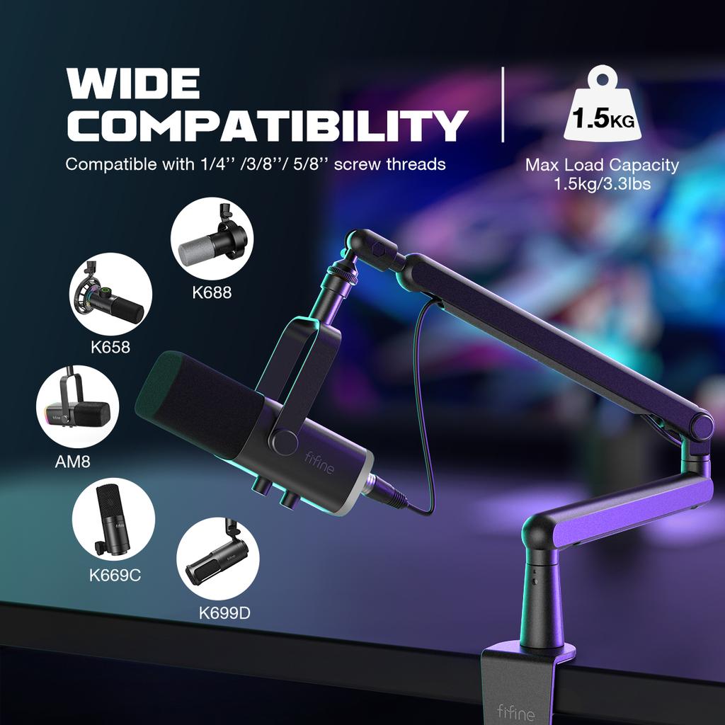 FIFINE Adjustable Low-profile Arm Microphone Stand with Cable Managment/Desk Mount, Suspension Boom for K688 Ampligame AM8-BM88
