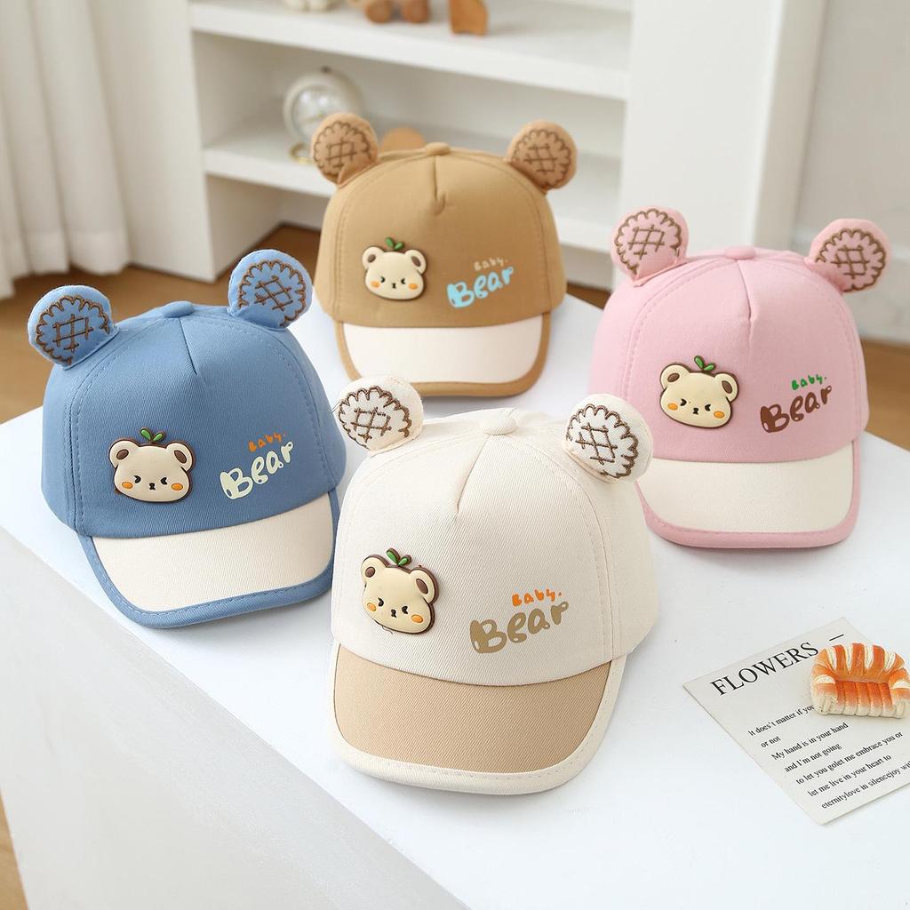 Cappellino da Sole per Bambini Stile Coreano con Orsetto Cartoon - Cappellino con Visiera a Blocchi di Colore per Bambini