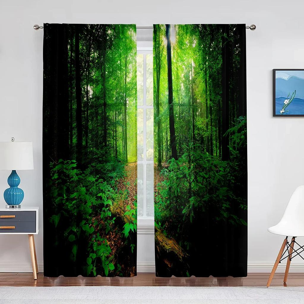 3D Woodland Forest Foliage Sunbeams Nature View Curtains for Living Room Bedroom Kitchen Decor Sheer Curtains Window 2pcs Cortin