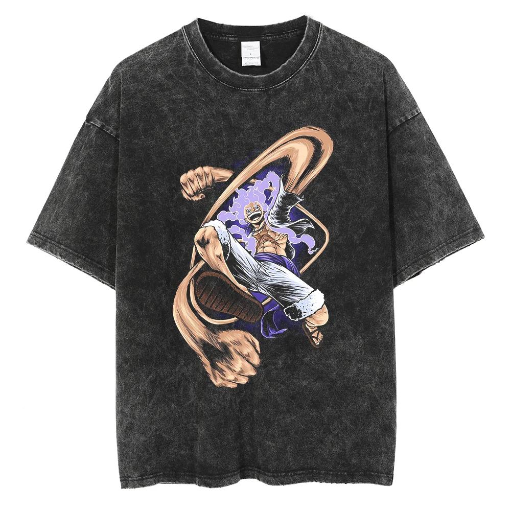 Harajuku Fashion Vintage TShirt Japanese ONE PIECE Anime Graphic Oversize T Shirt Washed Tshirt Men Summer Cotton Tops Tees