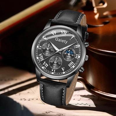5PC Black Men's Watch Set Business Trend Classic Three Eye Dial Quartz Watch Bracelet Set Suitable for Daily Clothing Matching
