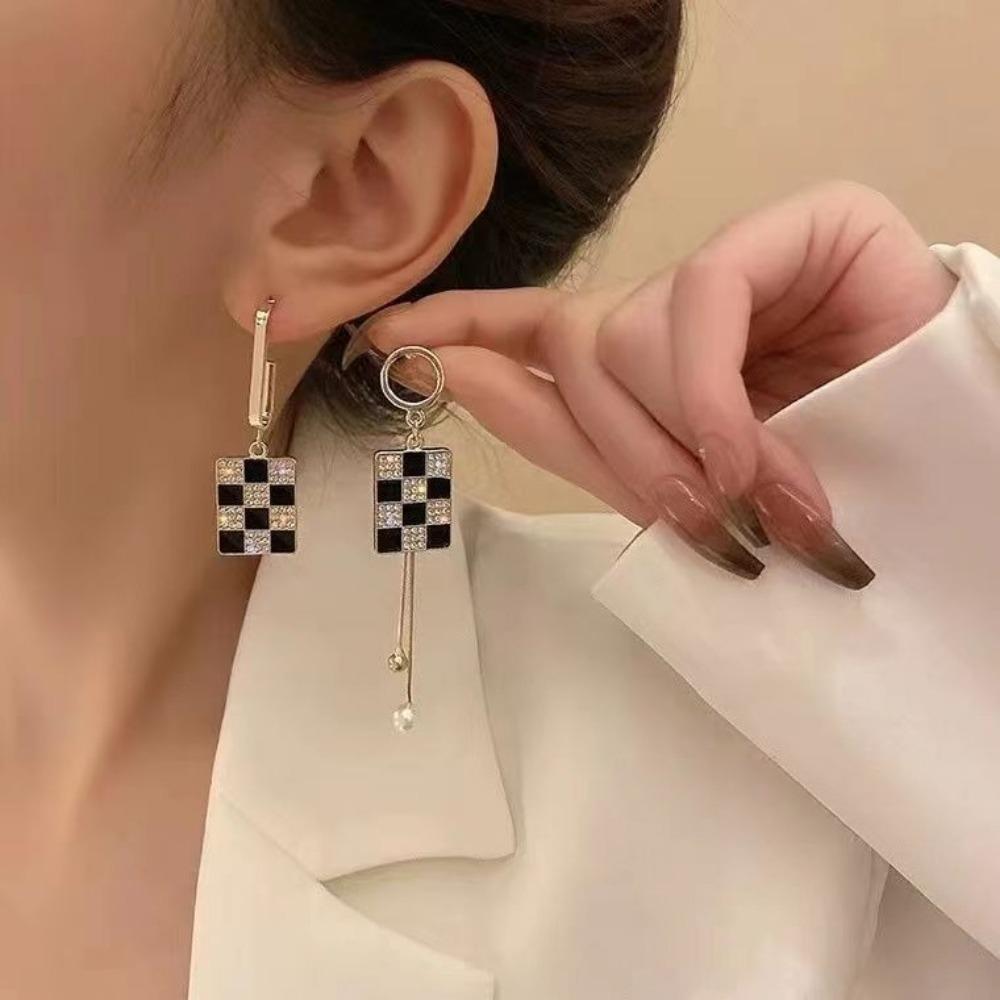 Hollow Golden Metal Double Color Rhombus Shape Dangle Earrings for Women Lattice Drop Earrings Geometry Party Punk Jewelry