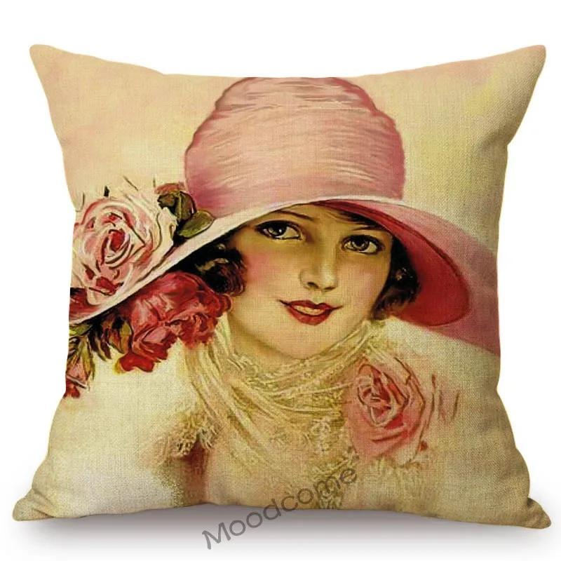 European Royal Court Victorian Era Lady Hat With Flower Elegant Sofa Throw Pillow Cover Classic Vintage Linen Decor Cushion Case