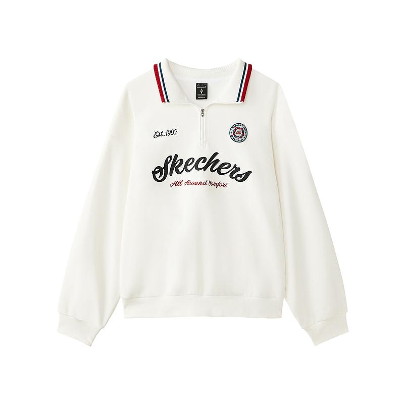 Skechers New Year Series Comfortable Warm Lightweight Soft Mock Neck Half Zip Pullover Sweatshirt Men sweatshirt Cotton-Candy-White L125M004-0074