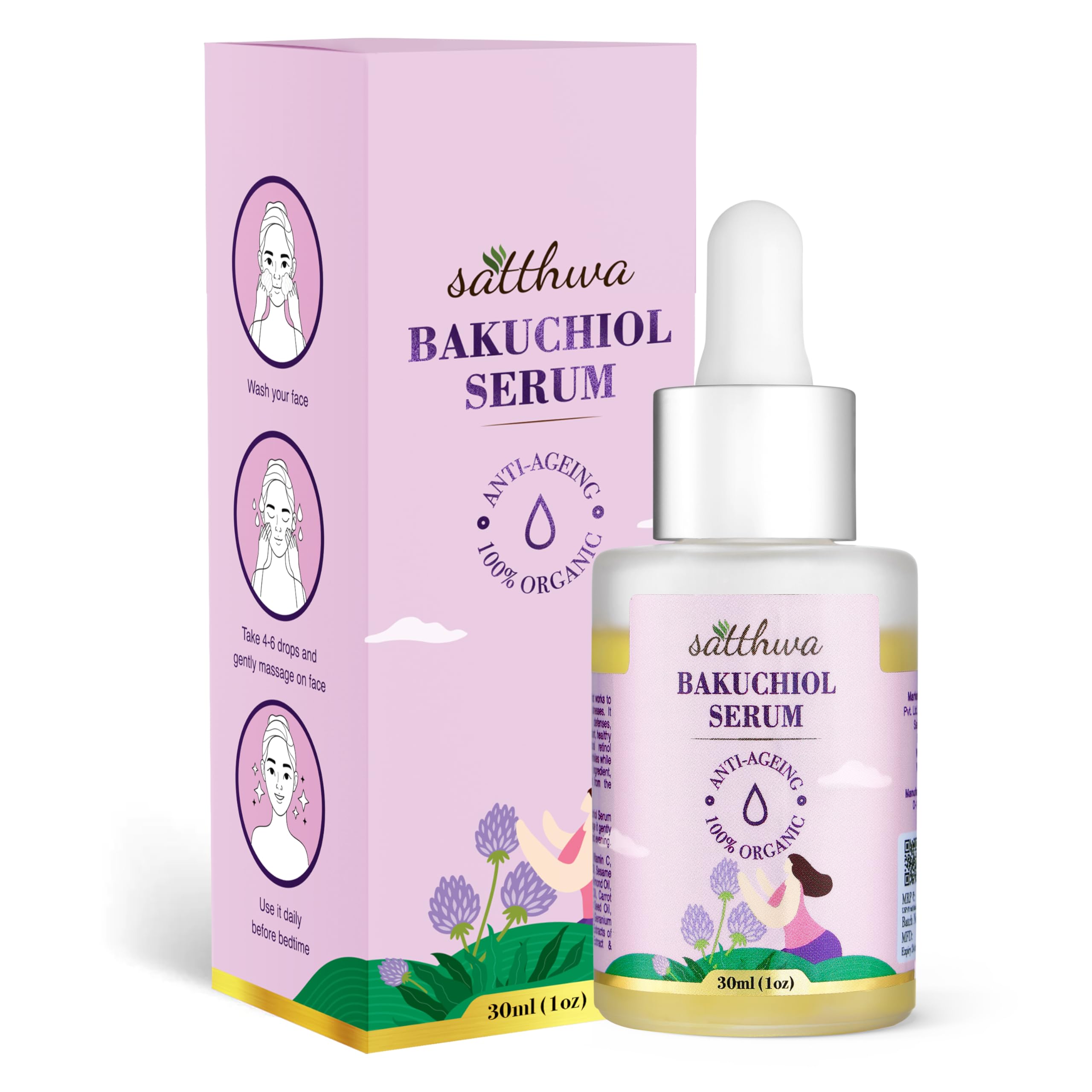 Satthwa Bakuchiol Face Serum | Plant-Based Retinol Alternative | Oil-Based Botanical Serum | Lightweight, Gentle | 30 ml