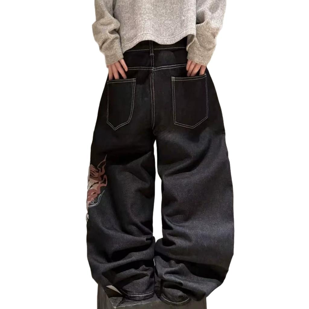 European and American Hip-hop Jeans Loose Printing Men's Trendy Versatile Casual Straight Wide-leg Denim Trousers