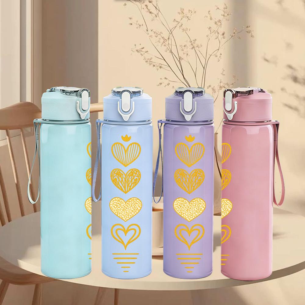 1PC Stack Golden Heart Silhouette 750ml Color Plastic Sports Water Bottle Leakproof Flip Straw Lid For Sports Office Home Use