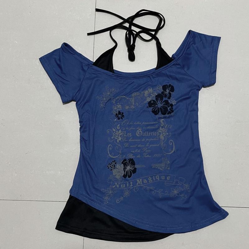 

Американская винтажная поддельная футболка из двух частей с открытыми плечами женская футболка Y2k с коротким рукавом женская летняя дизайнерская повседневная короткая футболка S синий