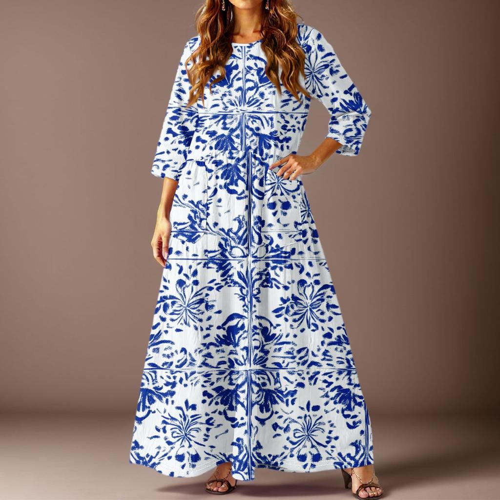 Damen Freizeitmode Blumenmuster Dreiviertelarm Langes Kleid mit Taschen